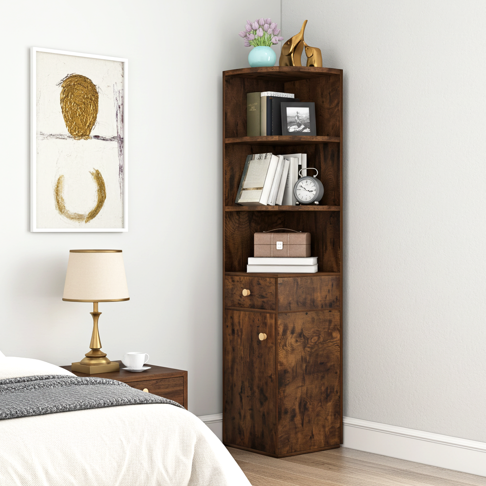 Vision Stylish Rustic Wooden Corner Shelf Unit with Cabinet & Drawer