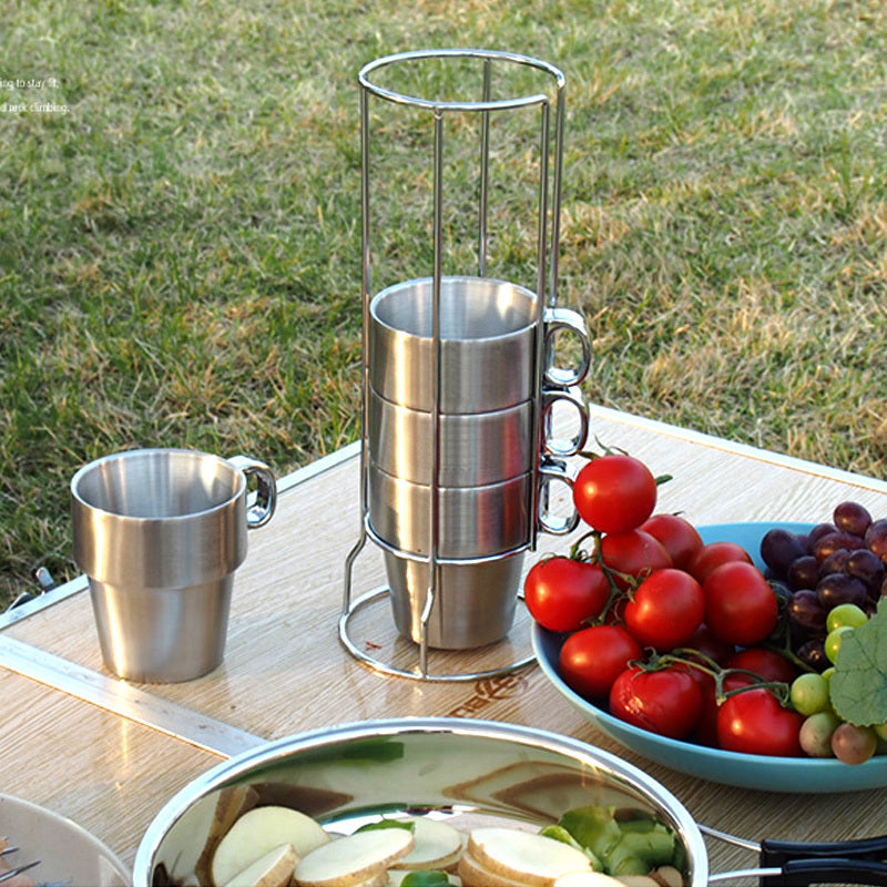 4PC Stainless Steel Camping Cups Tea/Coffee Mugs Set with Stand - Dshop.com.au