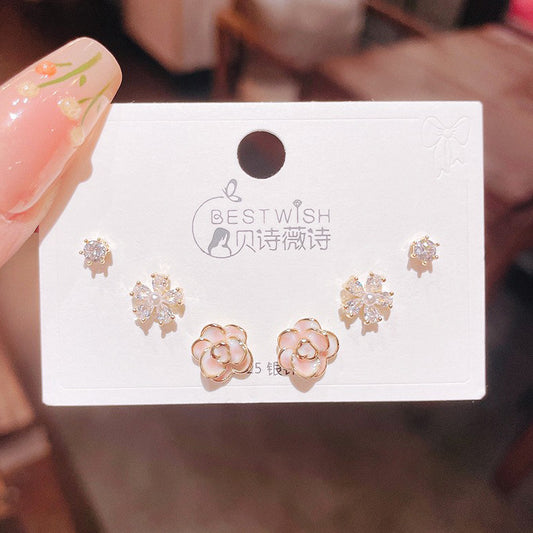 3 Pairs Beautiful Blossom Sterling Silver Stud Earrings Set - Dshop.com.au