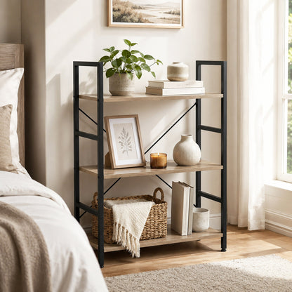 Multifunction Bookcase 3 Tier Wood Steel Storage Shelf Organizer (Coastal Oak)