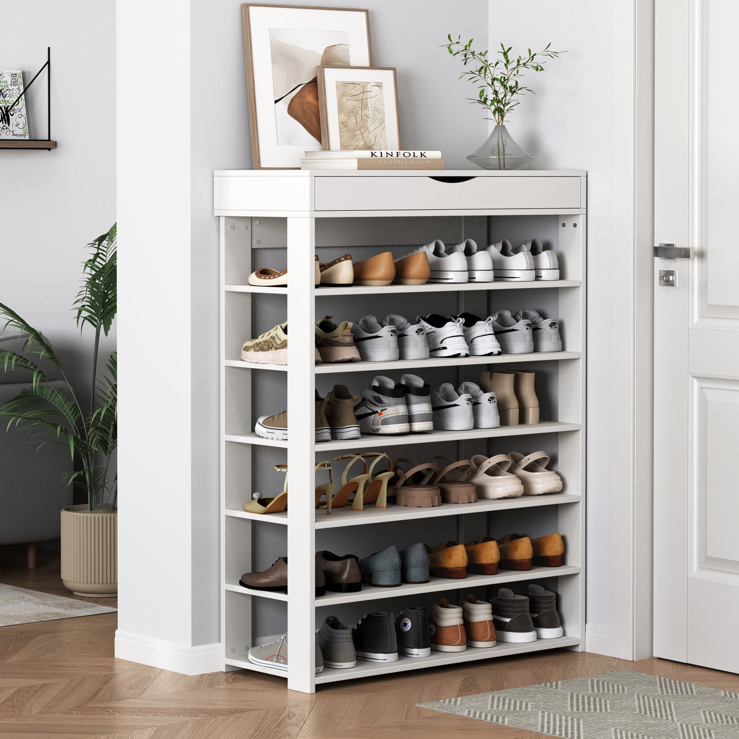 Fiesta 7 Tier Extra Spacious Wooden Shoe Rack Organizer Shelf Cabinet (White)