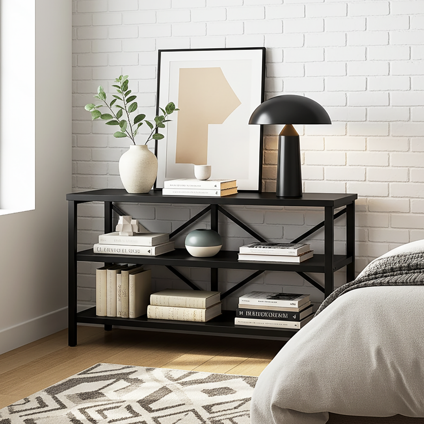 Serenity Industrial Console Table Bookcase TV Stand Storage Shelf Unit (Black)