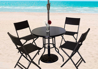 Alfresco 7 Piece Outdoor Setting (Blue Umbrella & Stand, 4 Rattan Chairs, Round Table)