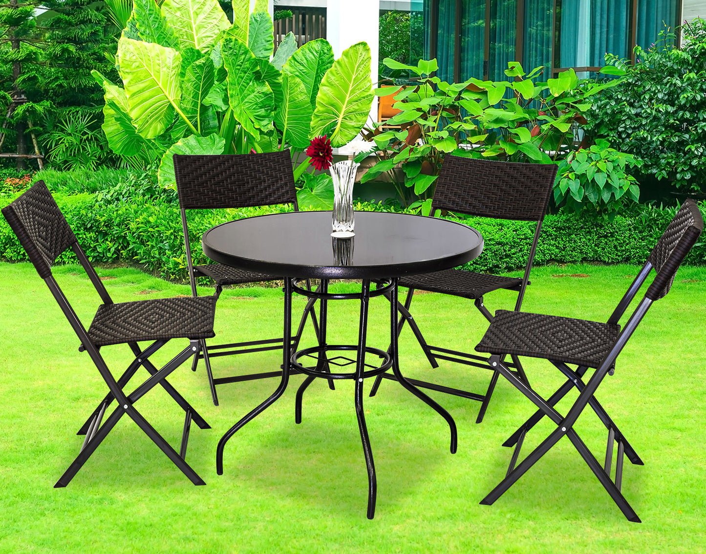 Alfresco 7 Piece Outdoor Setting (White Umbrella & Stand, 4 Rattan Chairs, Round Table)
