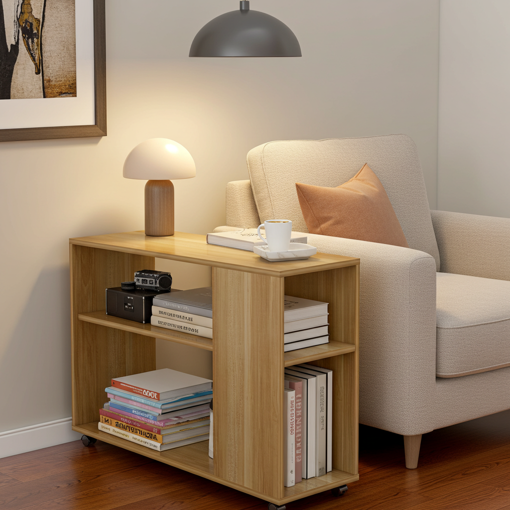 Versatile Sofa Side Table & Magazine Shelf with Casters (Oak)