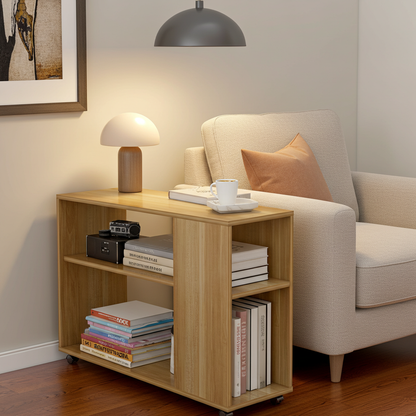 Versatile Sofa Side Table & Magazine Shelf with Casters (Oak)
