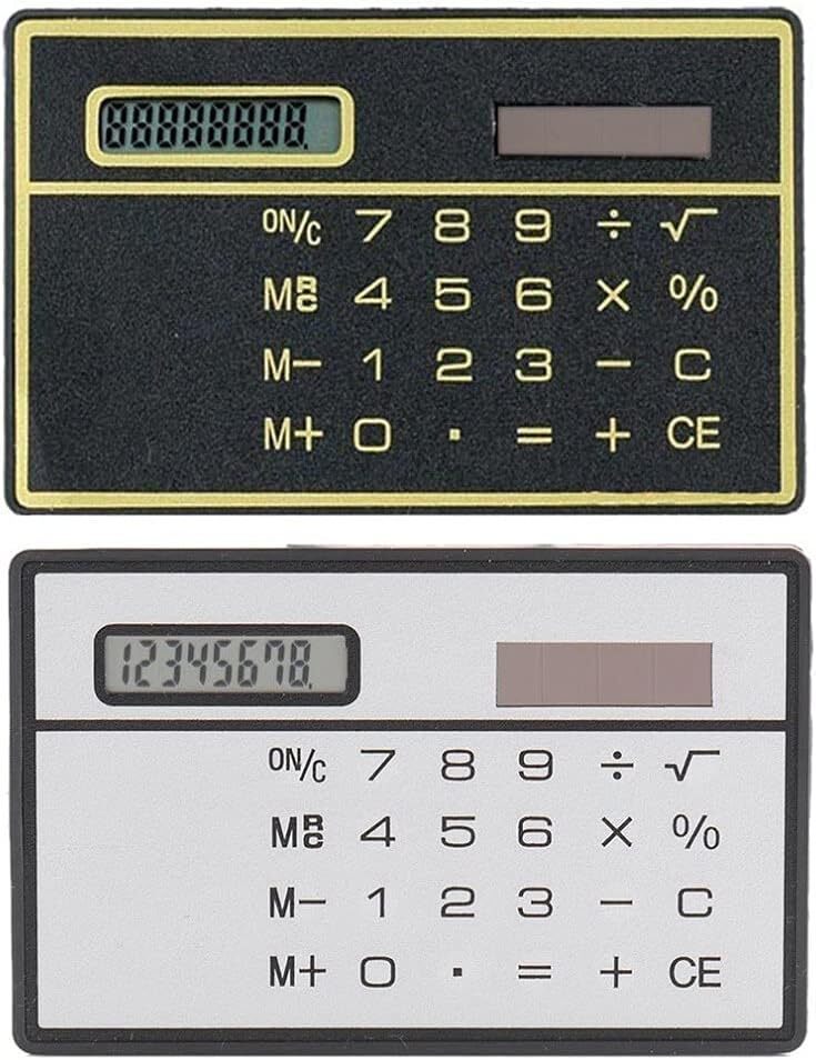 2 x Pocket Credit Card Size Solar Power Calculators ( Black + Silver)