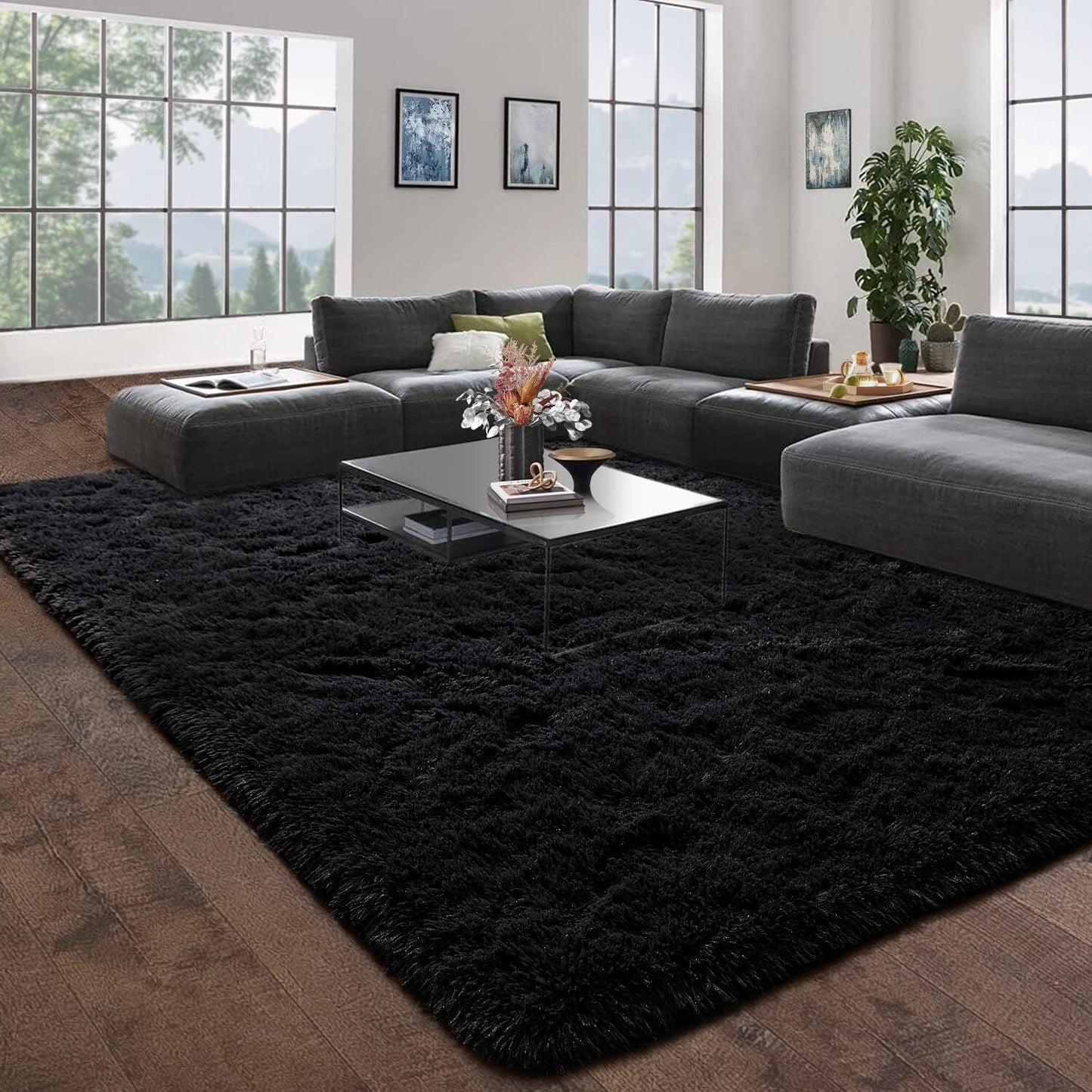 Large Soft Shag Rug Carpet Mat (Black, 230 x 160)