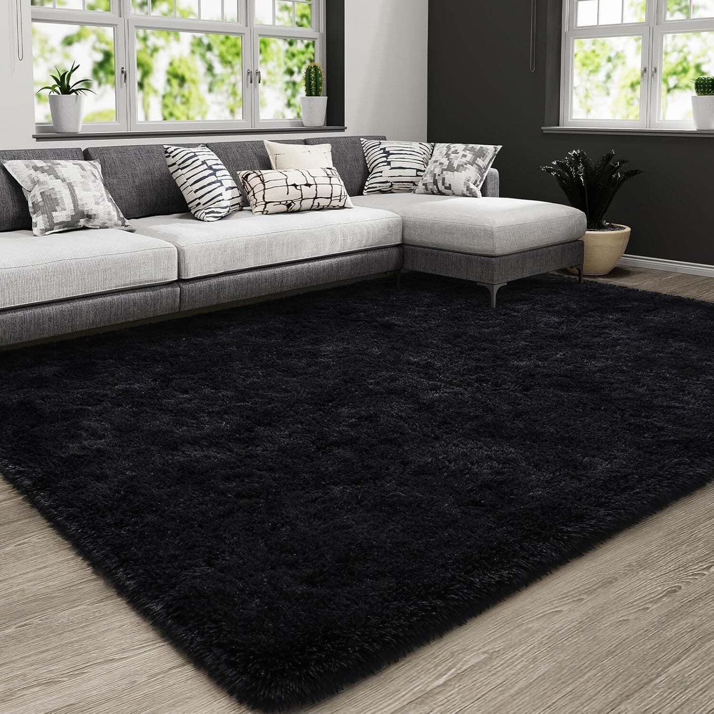 Large Soft Shag Rug Carpet Mat (Black, 230 x 160)