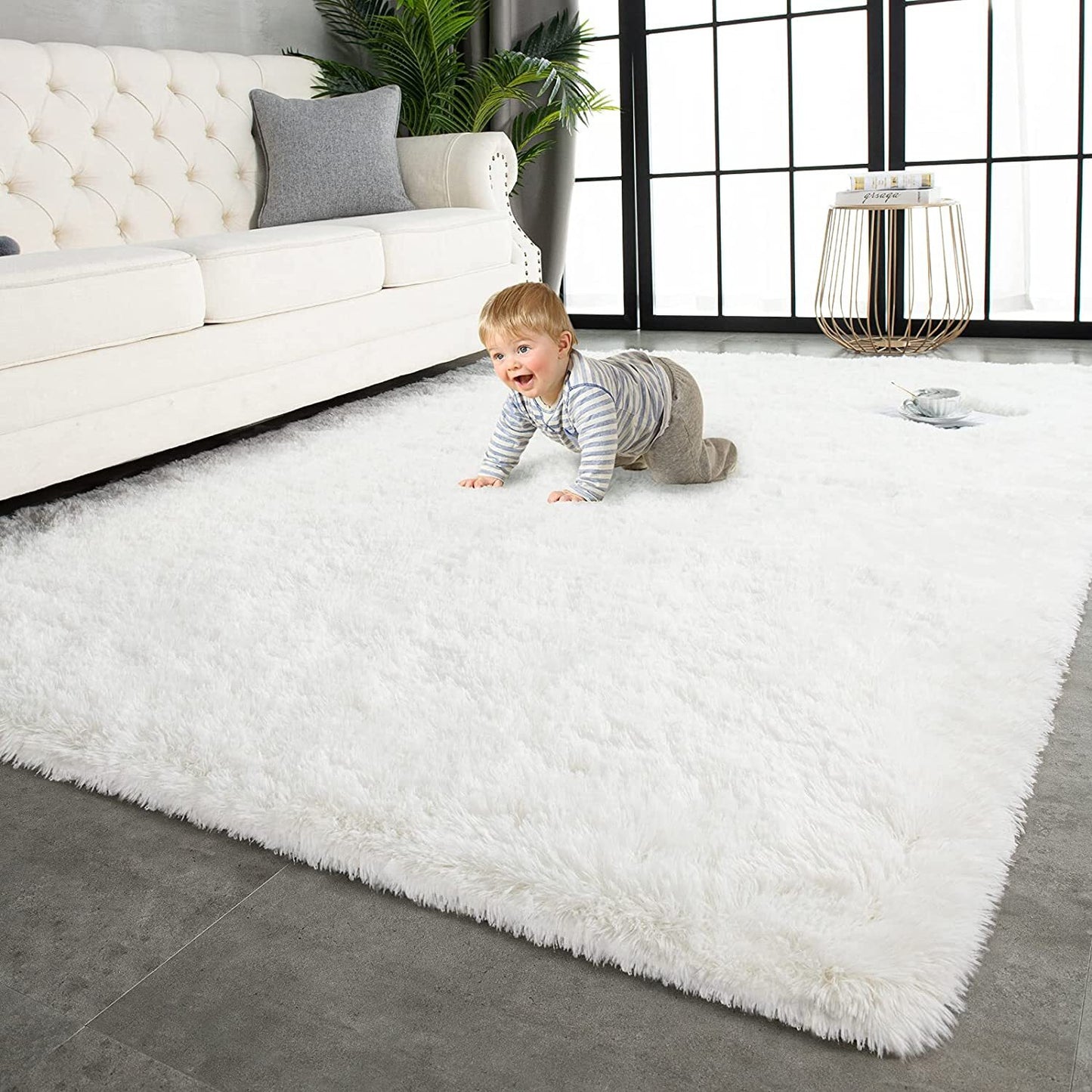 Large Soft Shag Rug Carpet Mat (Cream White, 230 x 160)