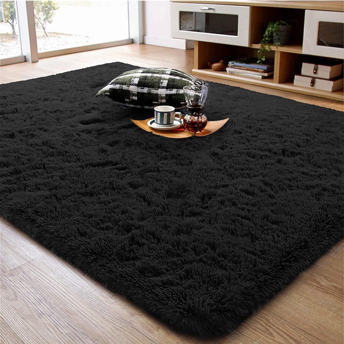 Soft Shag Rug Carpet Mat (Black, 160 x 120)