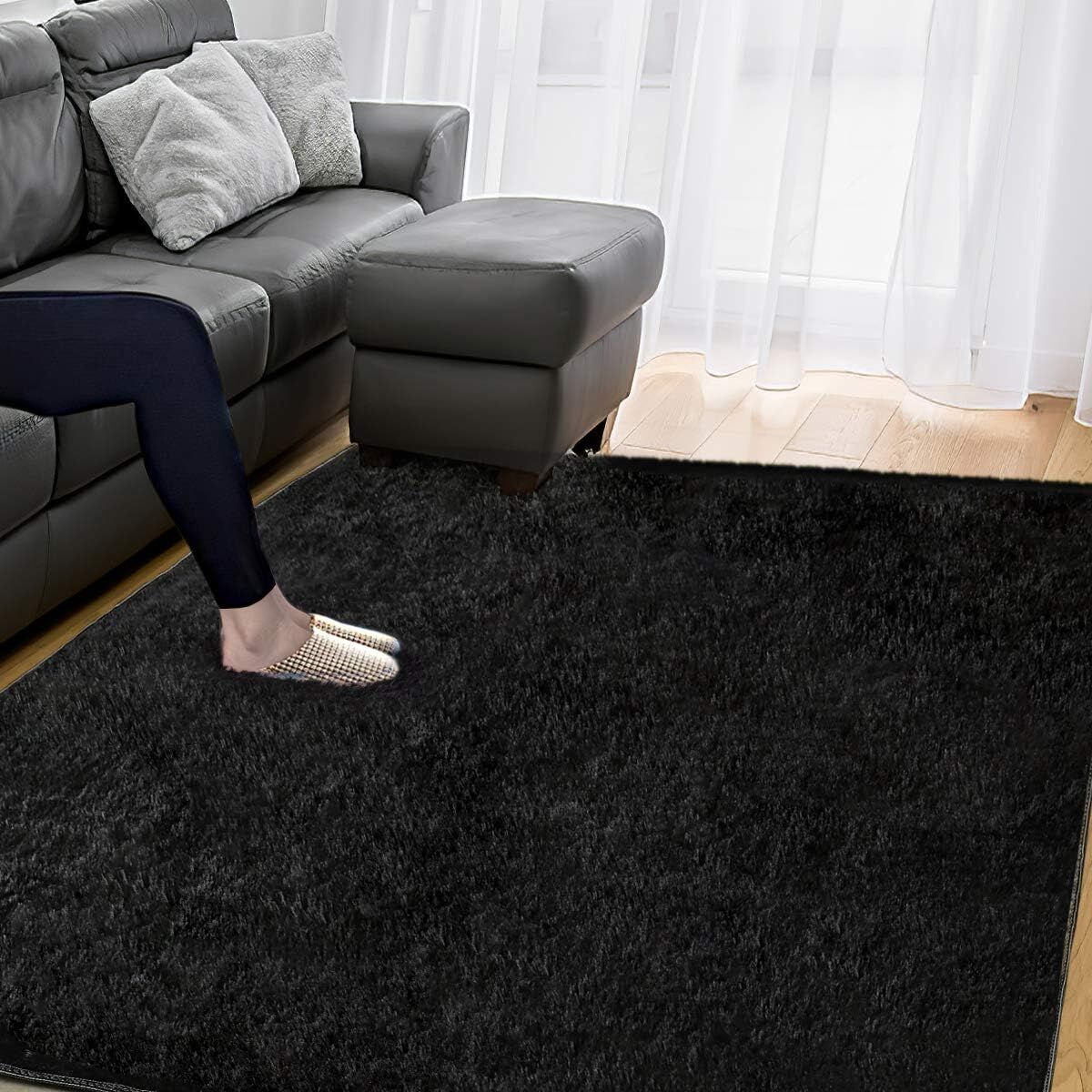 Soft Shag Rug Carpet Mat (Black, 160 x 120)