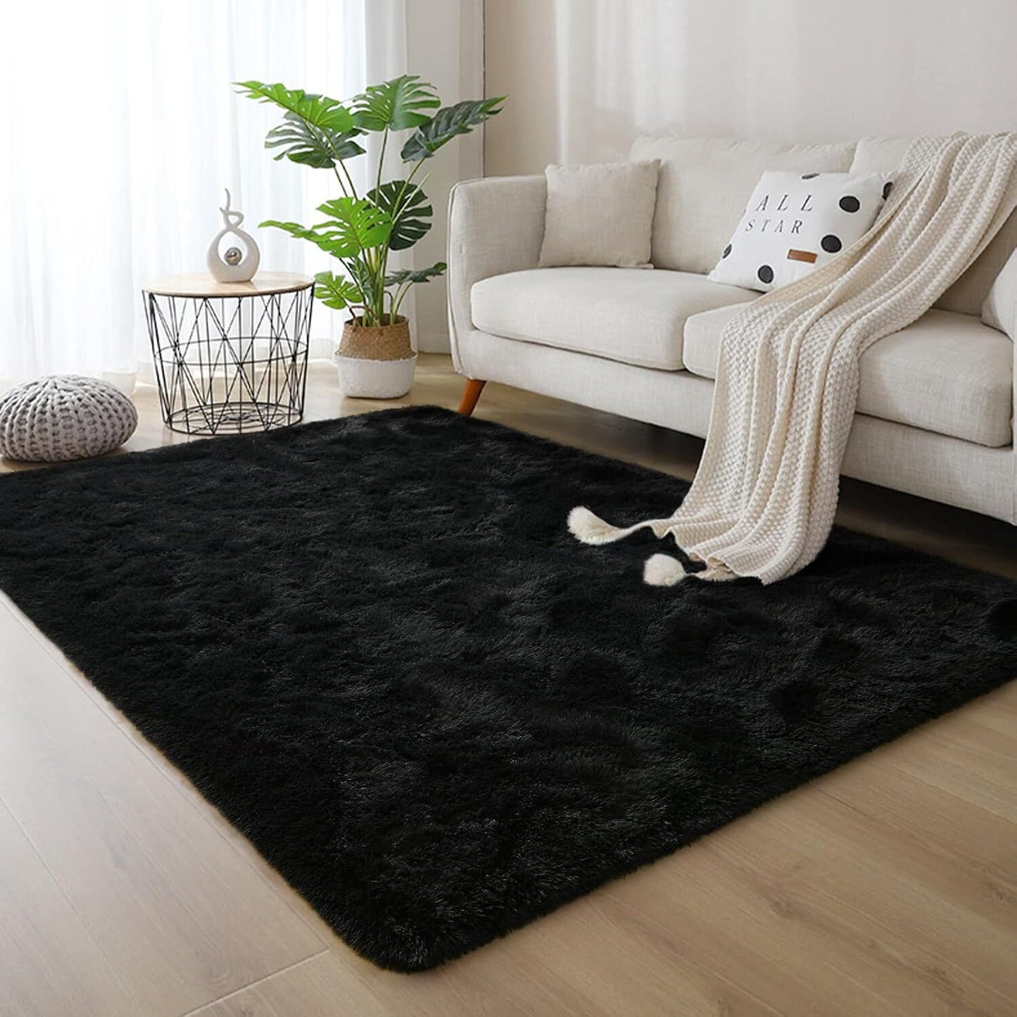 Soft Shag Rug Carpet Mat (Black, 160 x 120)