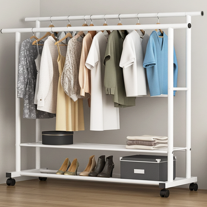 Large 1.5m Wide Double 2-Tier Coat Hanging Stand Wardrobe Clothes Hanger Rack (White)