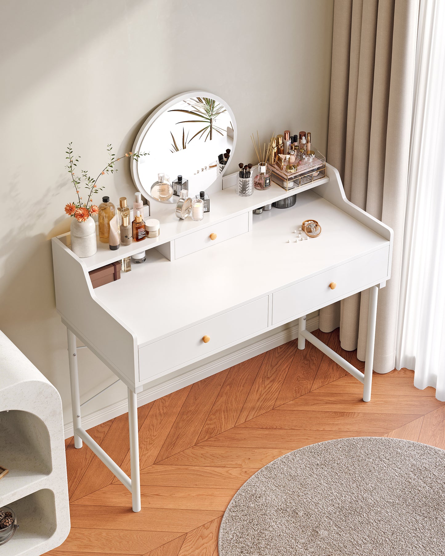 Grande Makeup Vanity Dressing Table with Round Mirror and Drawers White