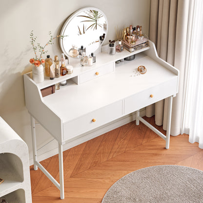Grande Makeup Vanity Dressing Table with Round Mirror and Drawers White