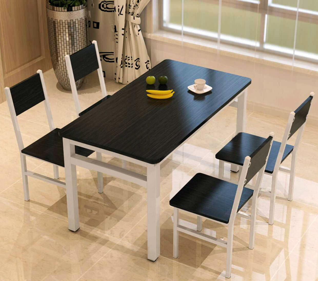 5 x Piece Set Bliss Large Wood & Steel Dining Table Chairs (Black & White)