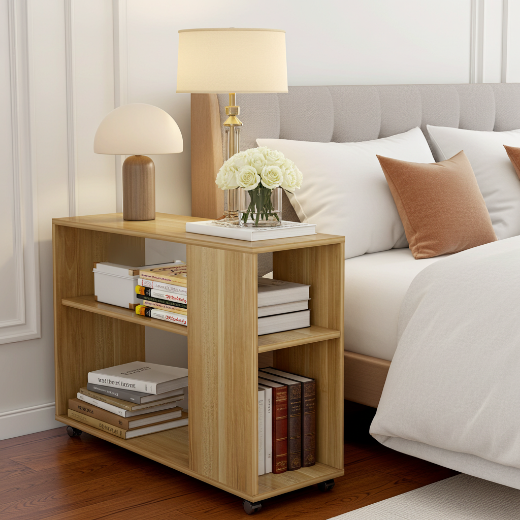 Versatile Sofa Side Table & Magazine Shelf with Casters (Oak)