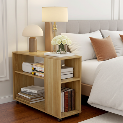 Versatile Sofa Side Table & Magazine Shelf with Casters (Oak)