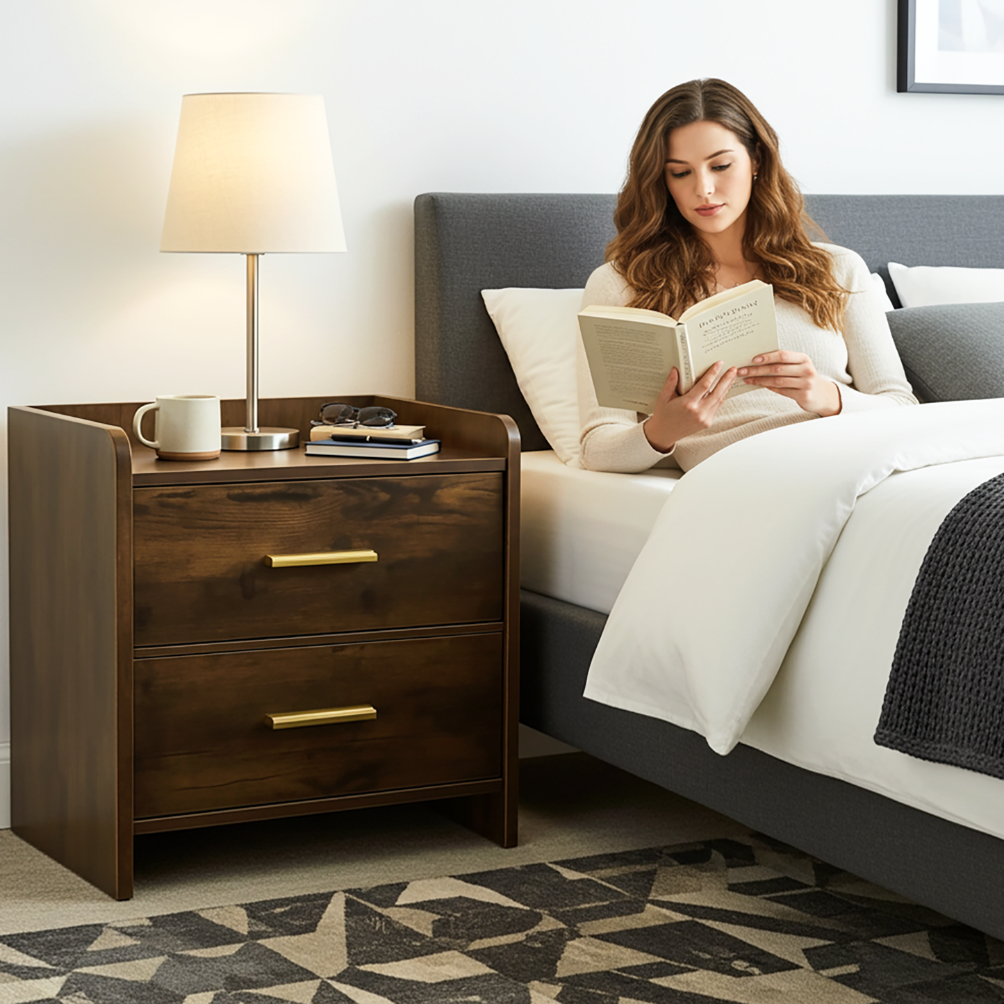 Serene 2-Drawer Bedside Table Nightstand (Rustic Wood)