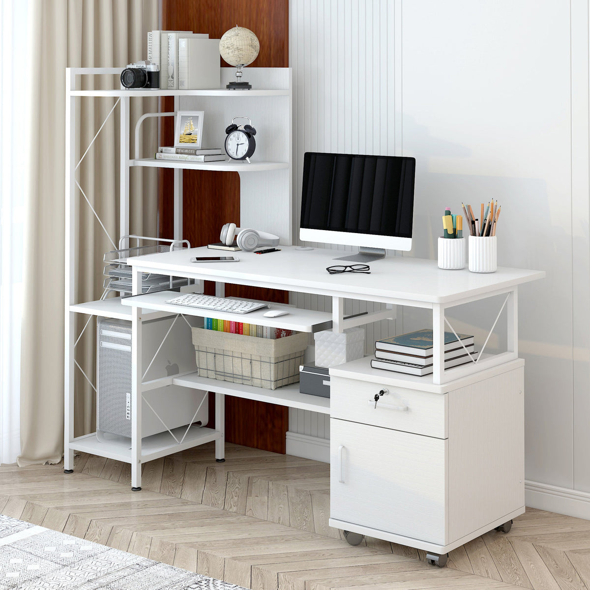 Prime Multi-function Computer Desk Workstation with Shelves & Cabinet