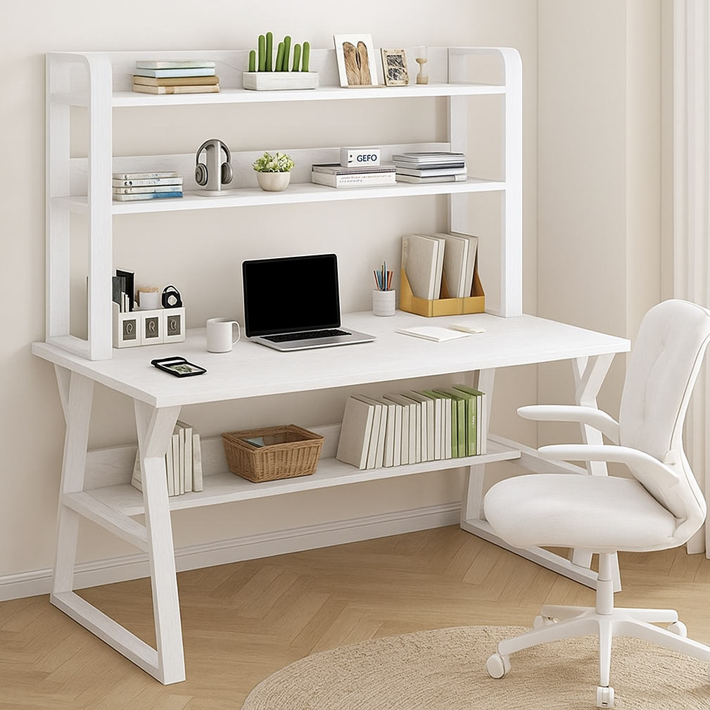 Aspire Large Industrial Office Computer Desk Workstation with Bookshelf (White)