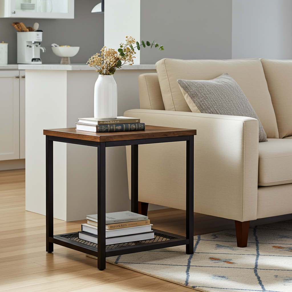 Loft Rustic Industrial Wood & Steel Side Table with Storage Shelf