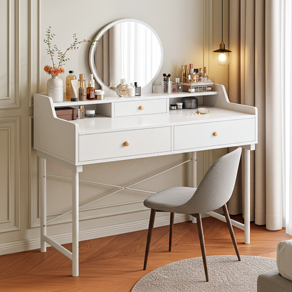 Grande Makeup Vanity Dressing Table with Round Mirror and Drawers White