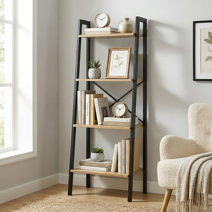 Elevate Rustic Oak 4-Tier Ladder Shelf Wood & Metal Bookcase Storage Organizer