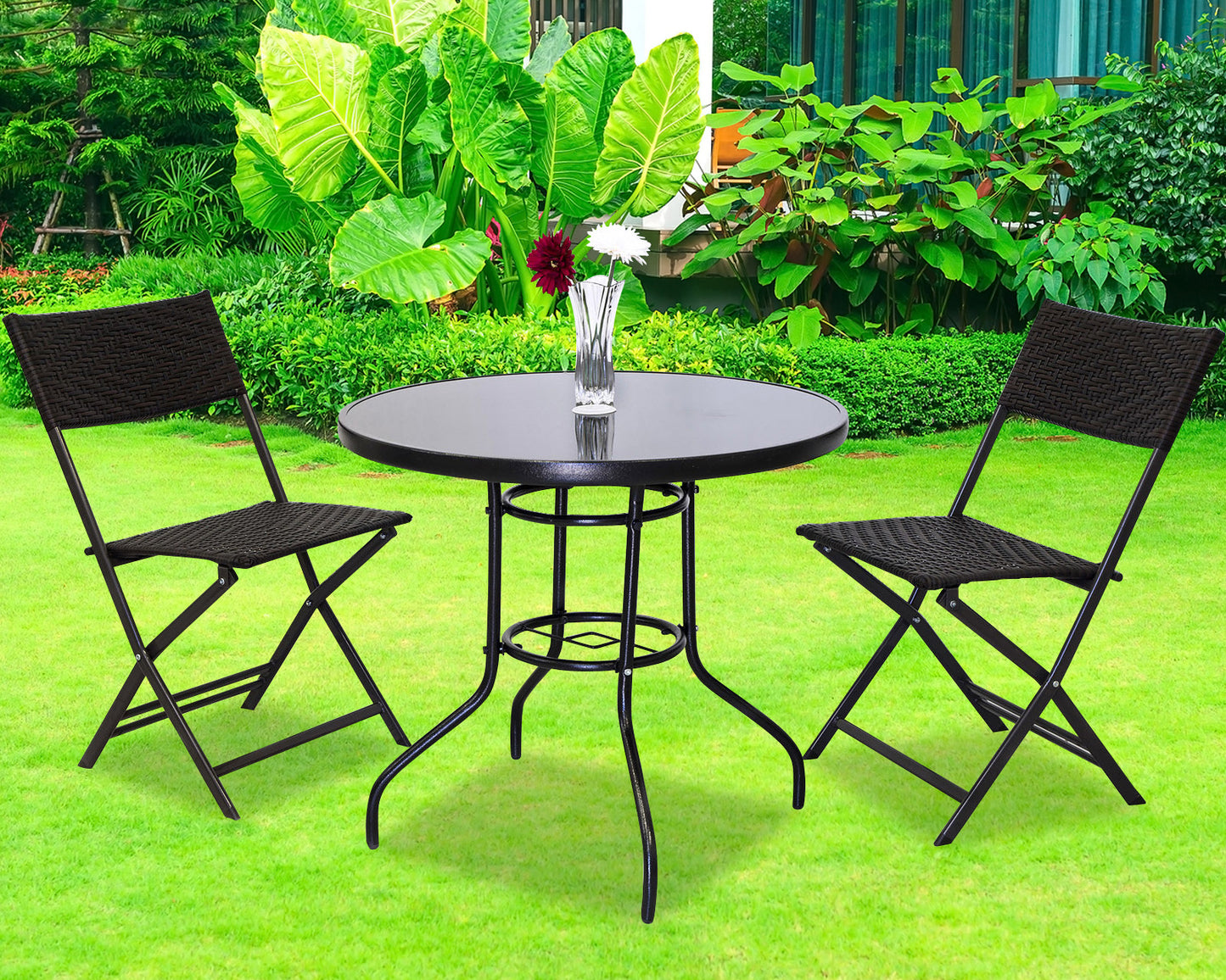 Alfresco 5PC Outdoor Setting (Beige Umbrella & Stand, 2 Rattan Chairs, Round Table)