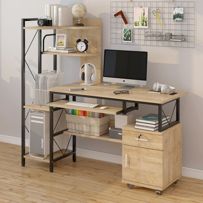 Prime Multi-function Computer Desk Workstation with Shelves & Cabinet (Coastal Oak)