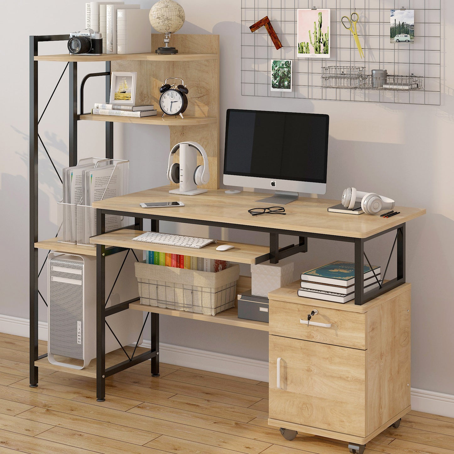 Prime Multi-function Computer Desk Workstation with Shelves & Cabinet (Coastal Oak)