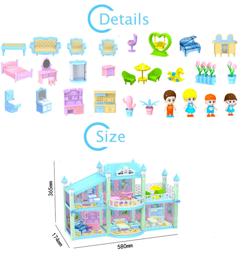 Multi-level Large Mansion Castle Doll House Palace Toy Set with Furniture