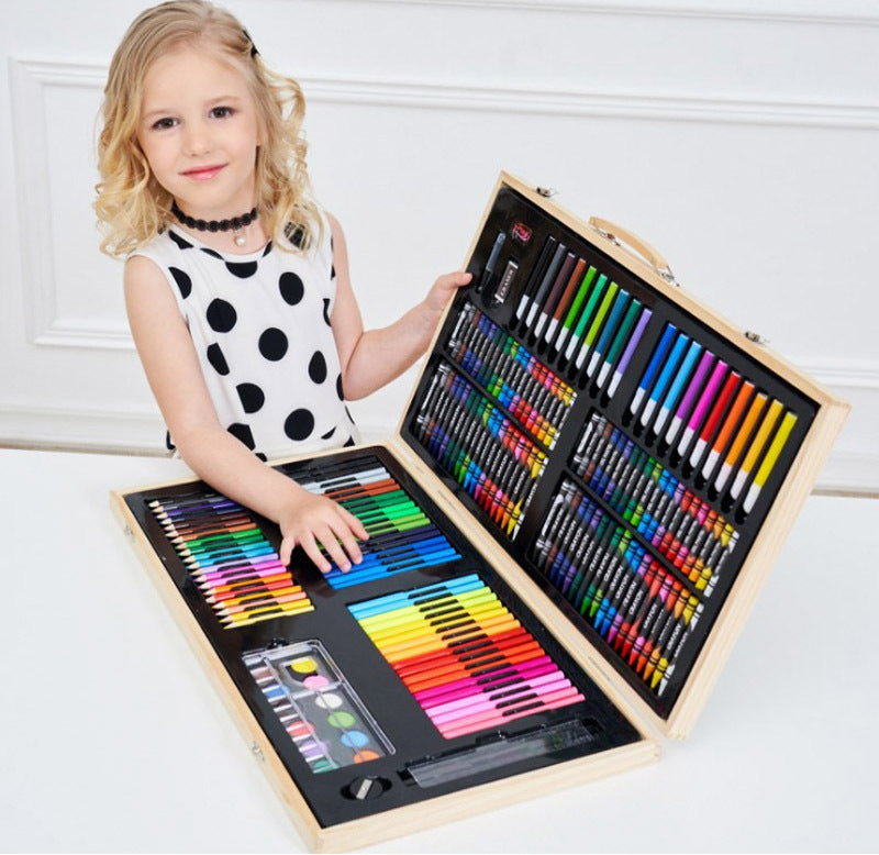 180 PC Large Complete Painting Set In Wooden Box Drawing Colour Pens Kit