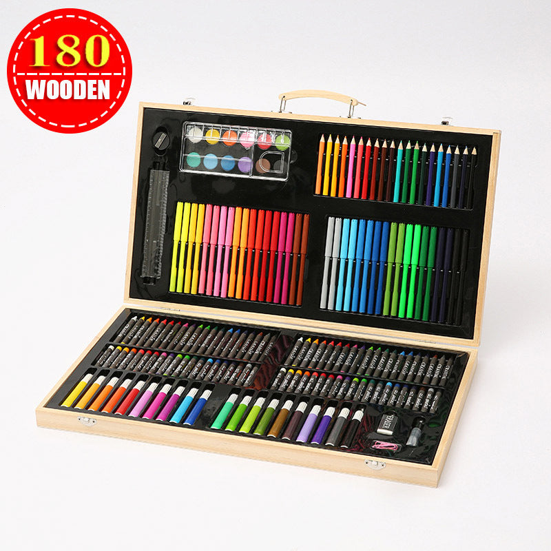 180 PC Large Complete Painting Set In Wooden Box Drawing Colour Pens Kit