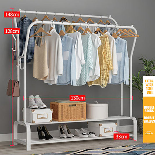 Large Wide Double 2-Tier Coat Hanging Stand Wardrobe Clothes Hanger Rack (White)