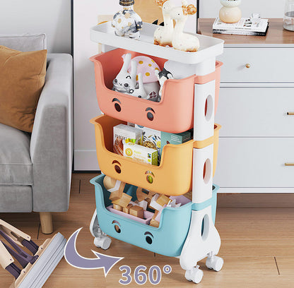 3-Tier Adorable Toy Shelf Organiser Trolley Storage Baskets with Wheels