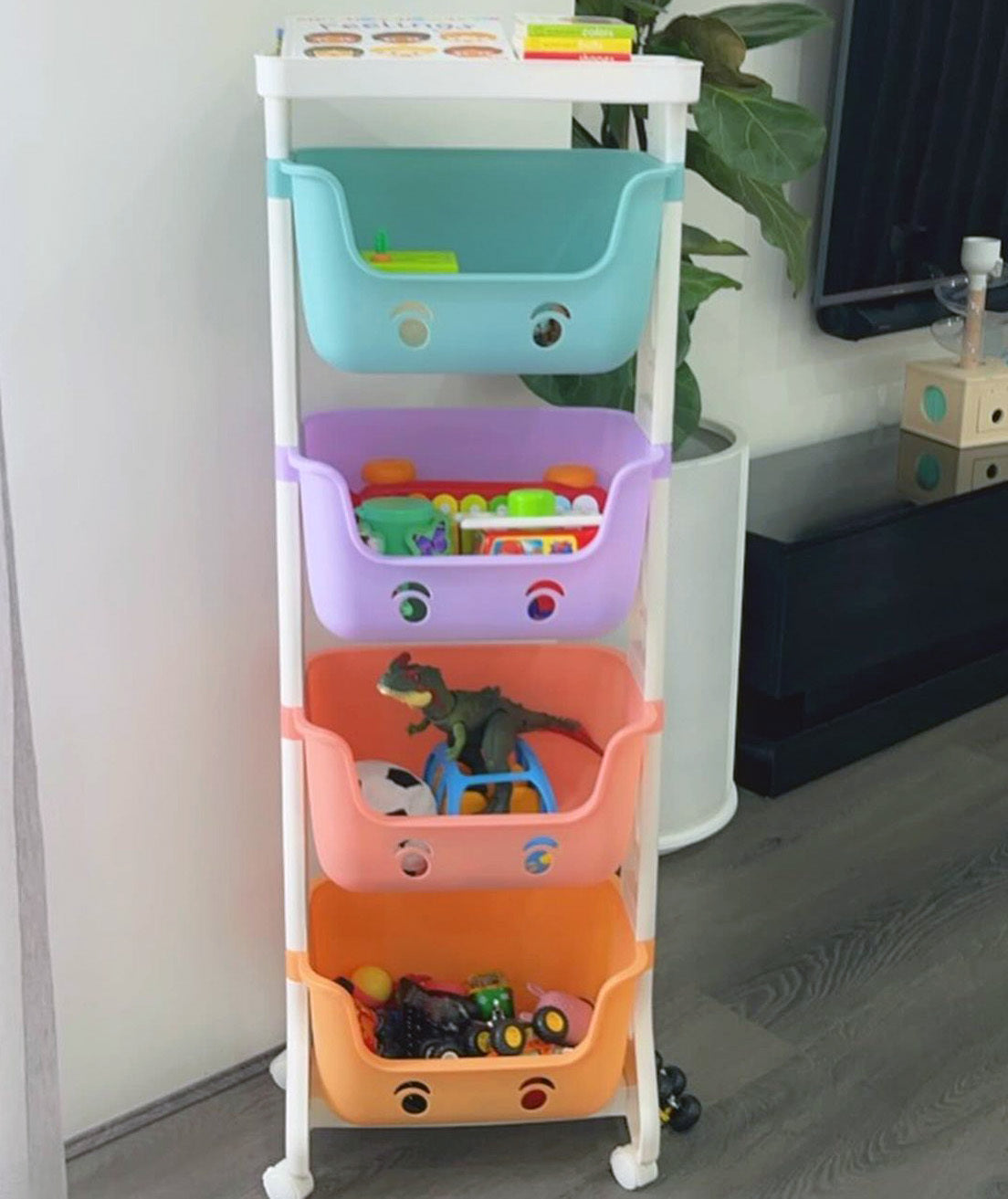 4-Tier Adorable Toy Shelf Organiser Trolley Storage Baskets with Wheels