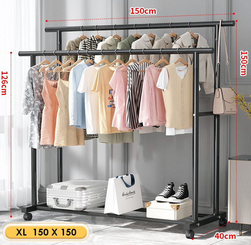 Large 1.5m Wide Double Coat Hanging Stand Wardrobe Clothes Hanger Rack (Black)