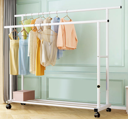 Large 1.5m Wide Double Coat Hanging Stand Wardrobe Clothes Hanger Rack (White)