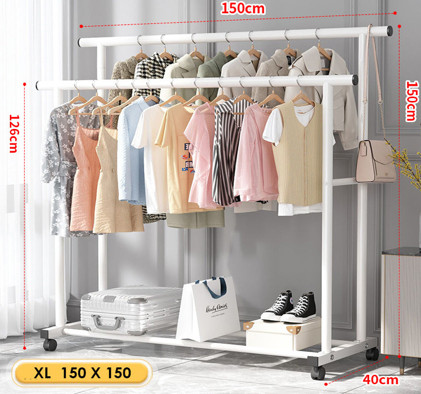 Large 1.5m Wide Double Coat Hanging Stand Wardrobe Clothes Hanger Rack (White)