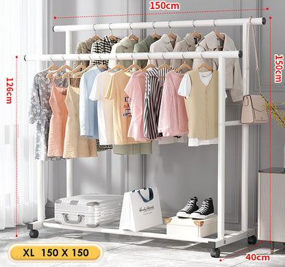 Large 1.5m Wide Double Coat Hanging Stand Wardrobe Clothes Hanger Rack (White)