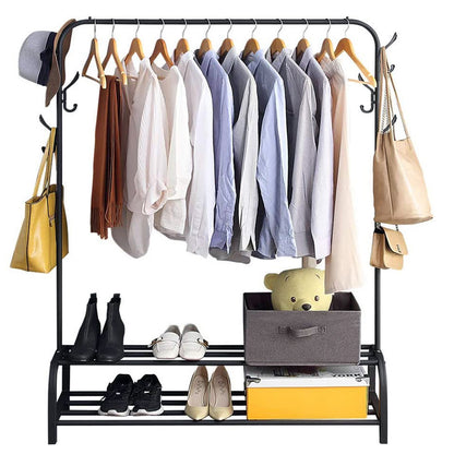 Large 2-Tier Coat Hanging Stand Wardrobe Clothes Hanger Rack with Shelf (Black)
