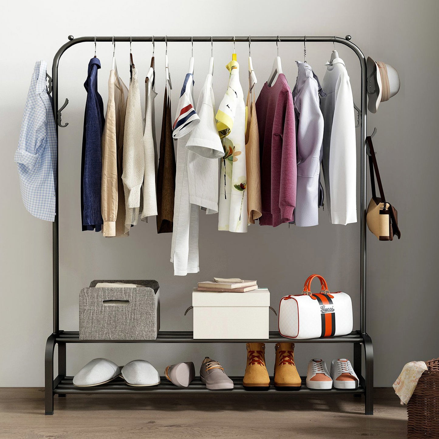 Large 2-Tier Coat Hanging Stand Wardrobe Clothes Hanger Rack with Shelf (Black)