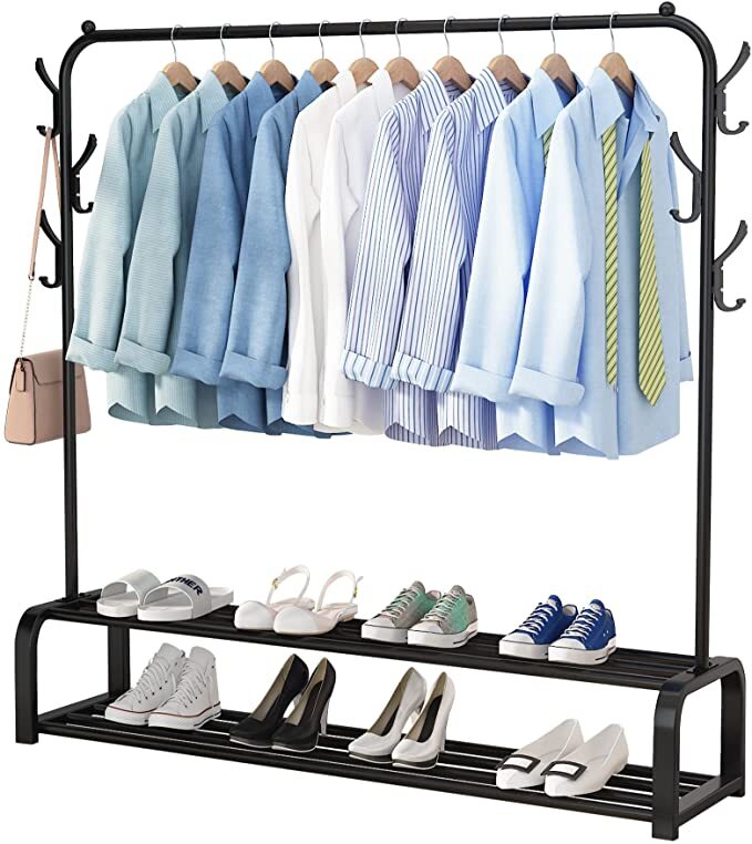 Large 2-Tier Coat Hanging Stand Wardrobe Clothes Hanger Rack with Shelf (Black)