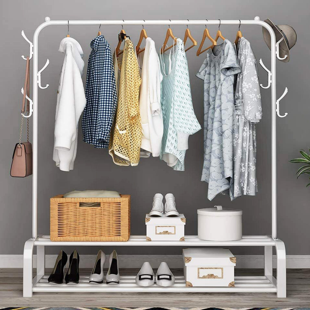 Large 2-Tier Coat Hanging Stand Wardrobe Clothes Hanger Rack with Shel