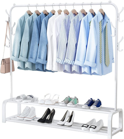 Large 2-Tier Coat Hanging Stand Wardrobe Clothes Hanger Rack with Shelf (White)