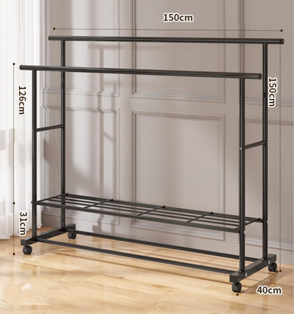 Large 1.5m Wide Double 2-Tier Coat Hanging Stand Wardrobe Clothes Hanger Rack (Black)