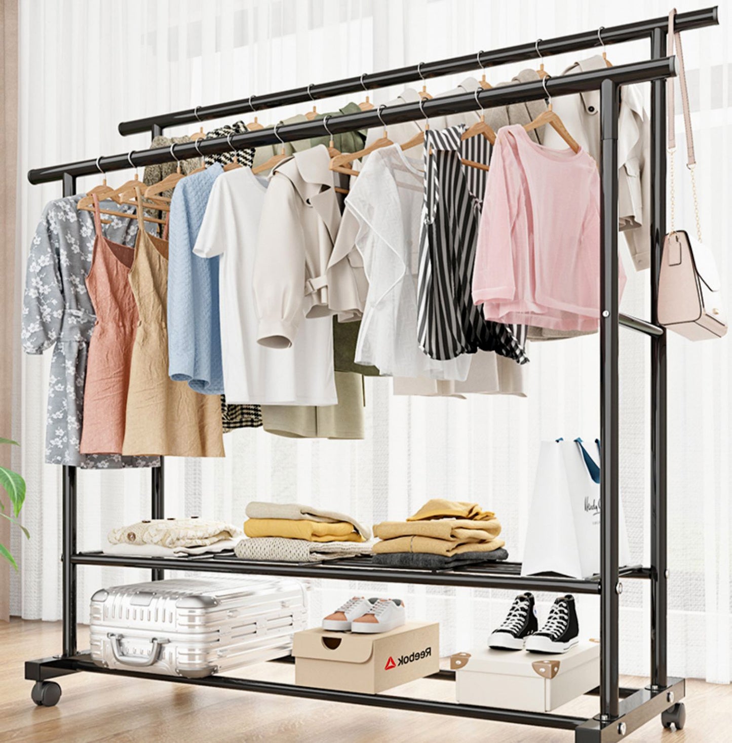 Large 1.5m Wide Double 2-Tier Coat Hanging Stand Wardrobe Clothes Hanger Rack (Black)