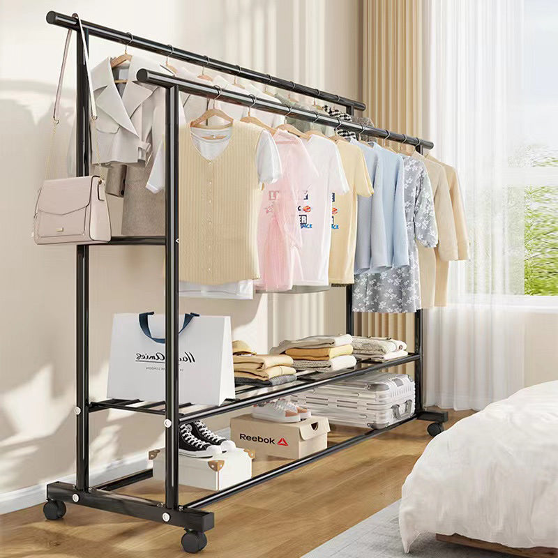 Large 1.5m Wide Double 2-Tier Coat Hanging Stand Wardrobe Clothes Hanger Rack (Black)